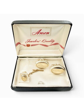 Vintage Anson Cufflinks Tie Tack Set Gold Tone Oval Mid Century Men’s Jewelry